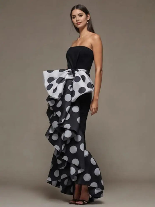 Formal attire Dresses: Polka Dot Bow-Embellished Pleated Strapless Dress