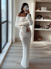 Tossy Knit Hollow Out Off-Shoulder Maxi Dress Female Cover up See-Through Sleeve