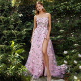 Homecoming Dresses: 3D Flower Strap A-line Prom Gown Side Slit Prom Dress