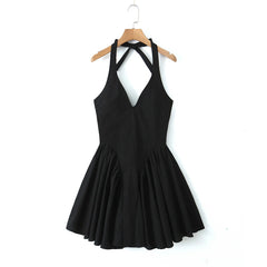 Solid Black Red Bow Halter V Collar Sling Mini Dress Women Low Waist