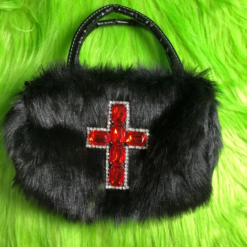 Y2k Gothic Handbag Soft Plush Black Cross Applique Shoulder Bag Fashion