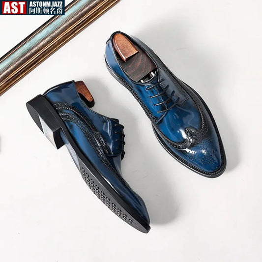 Handmade Mens Wedding Brogues Shoes Black Blue Genuine Leather Men's Dress Shoes