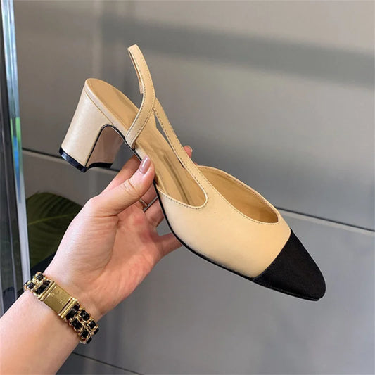 Apricot Women Pumps Mid Heel Mixed Colors Round Toe Casual Shoes Ladies Sandals