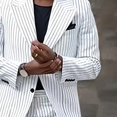 Mens Beach Wedding attire: Men Stripe Suit with Pant Business Leisure Groomsman