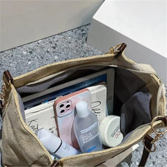 Solid Color Shoulder Bag, Trendy Letters Tote Bag, Canvas Campus Handbag for Women