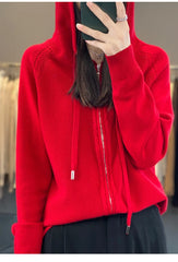 autumn and winter hooded cardigan women's knitted top loose sweater casual