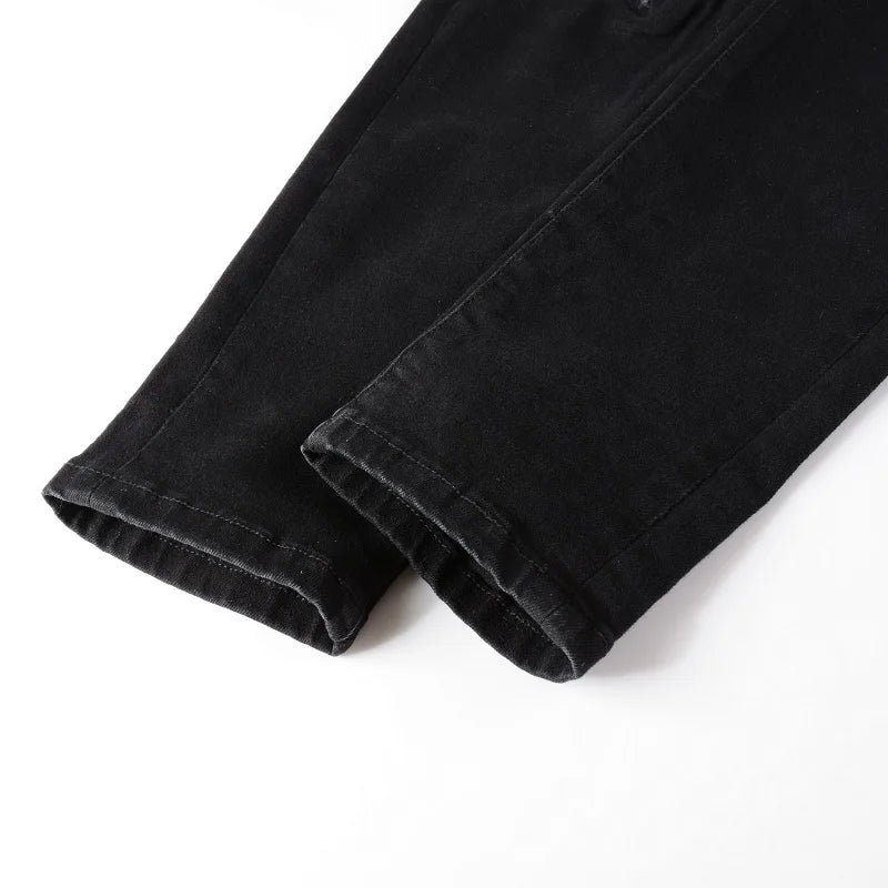 Men Pleated Patch Biker Jeans Streetwear Skinny Tapered Stretch Denim Pants Ripped