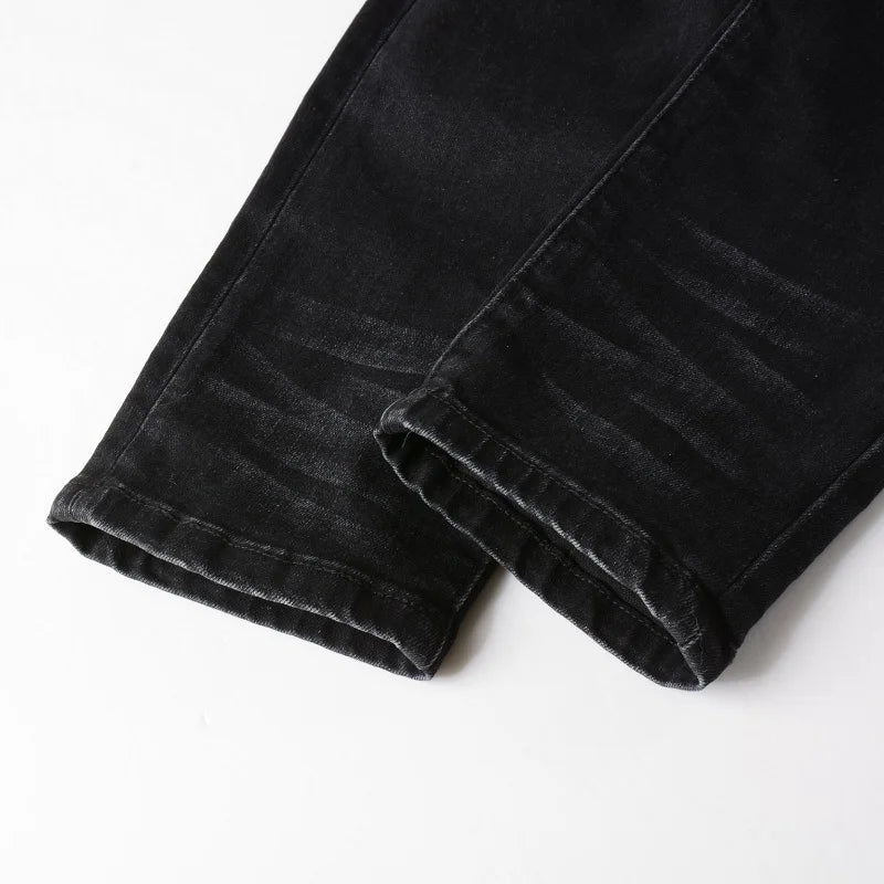 Men's Cracked Red Pleated Patch Biker Jeans Streetwear Patchwork Stretch Denim
