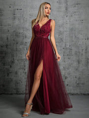 Homecoming Dresses: V-neck 3d sequin embroidered mesh slit skirt
