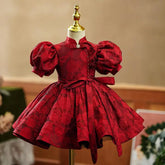 Summer New Children's Princess Ball Gown Kids Bow Puff Sleeve Design Wedding Birthday Baptism Party Red Dresses For Eid A2051
