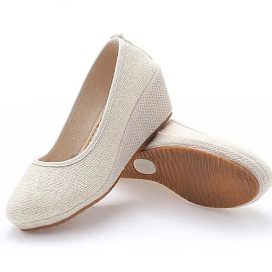 Women Pure Color Vintage Hemp Wedge Pumps Round Toe Casual Lady Mid Heel