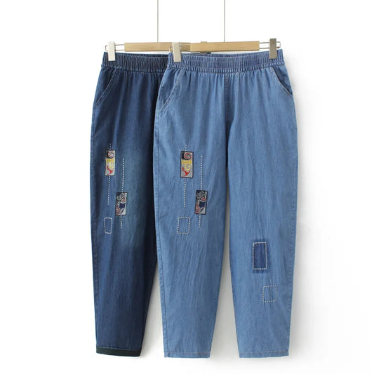 Plus Size Women Jeans Oversized Curve Clothes High Waist Geometry Embroidery Patch