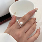925 Sterling Silver Round Pearl Ring Wedding Adjustable Rings For Women Jewelry