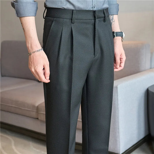 Waffle Fabric Men High Waist Casual Pant Fashion Men Simple Slim Fit