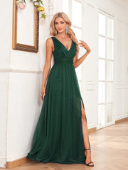 Evening wear Dresses: Evening Gown Double V Neck A Line Bridesmaid Party Dress