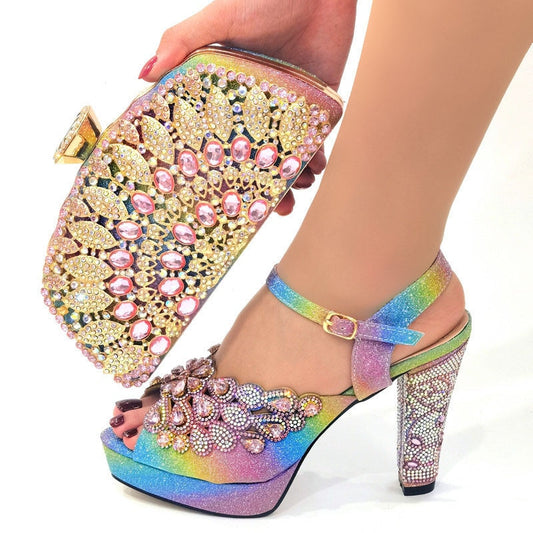 Matching Shoes and Bags: Gold High Heels Shoes And Purse Bag Set Woman