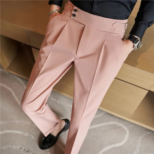 Men High Waist Casual Dress Pant Men Belt Design Pink Trousers Formal Office