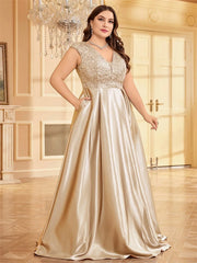 Homecoming Dresses: Plus Size Luxury Gold Satin V-Neck Evening Dress Women