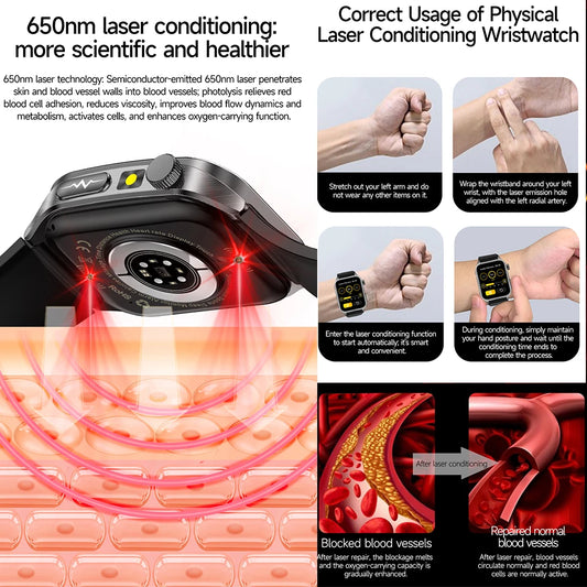 2025 New Blood Pressure 650nm Laser Therapy Diagnosis Smartwatches Men Women Clock Uric Acid Lipid Heart rate Smart Watch IOS