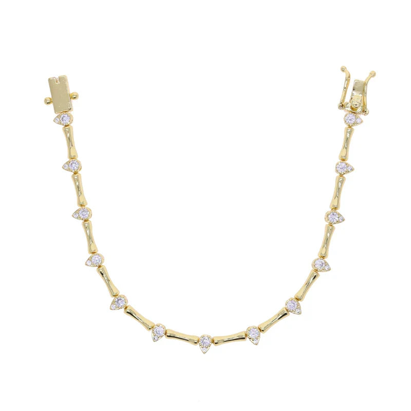 Gold Color CZ Tear Drop Charm Bamboo Bone Shaped Tennis Chain Fashion Women Bracelet