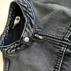 American Retro Industry Short Denim Jacket Men Loose Washed Wear Zipper Racing Coats