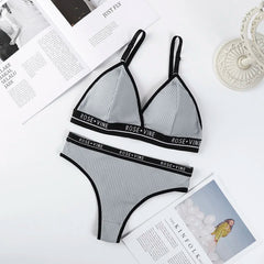 Women Cotton Bra Low Waist Panties Lingerie Set Letter Print Push Up Bras