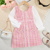Girls' Dress Girls' Round Neck Plaid Lace Button Long Sleeve