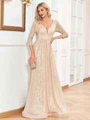 Homecoming Dresses: V Neck Long Sleeves Blue Sequins Formal Evening Dress