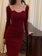 Evening Dresses: Women Bodycon Slim Midi Dress Autumn Casual Black Red