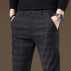 Suit Trousers Straight Slim Fit Social Tailoring Check Plaid Tressed Men's Summer Pants