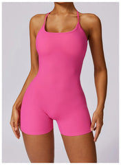 Women Fitness Jumpsuit Running Workout One Piece Yoga Suit Scrunch Butt Shorts