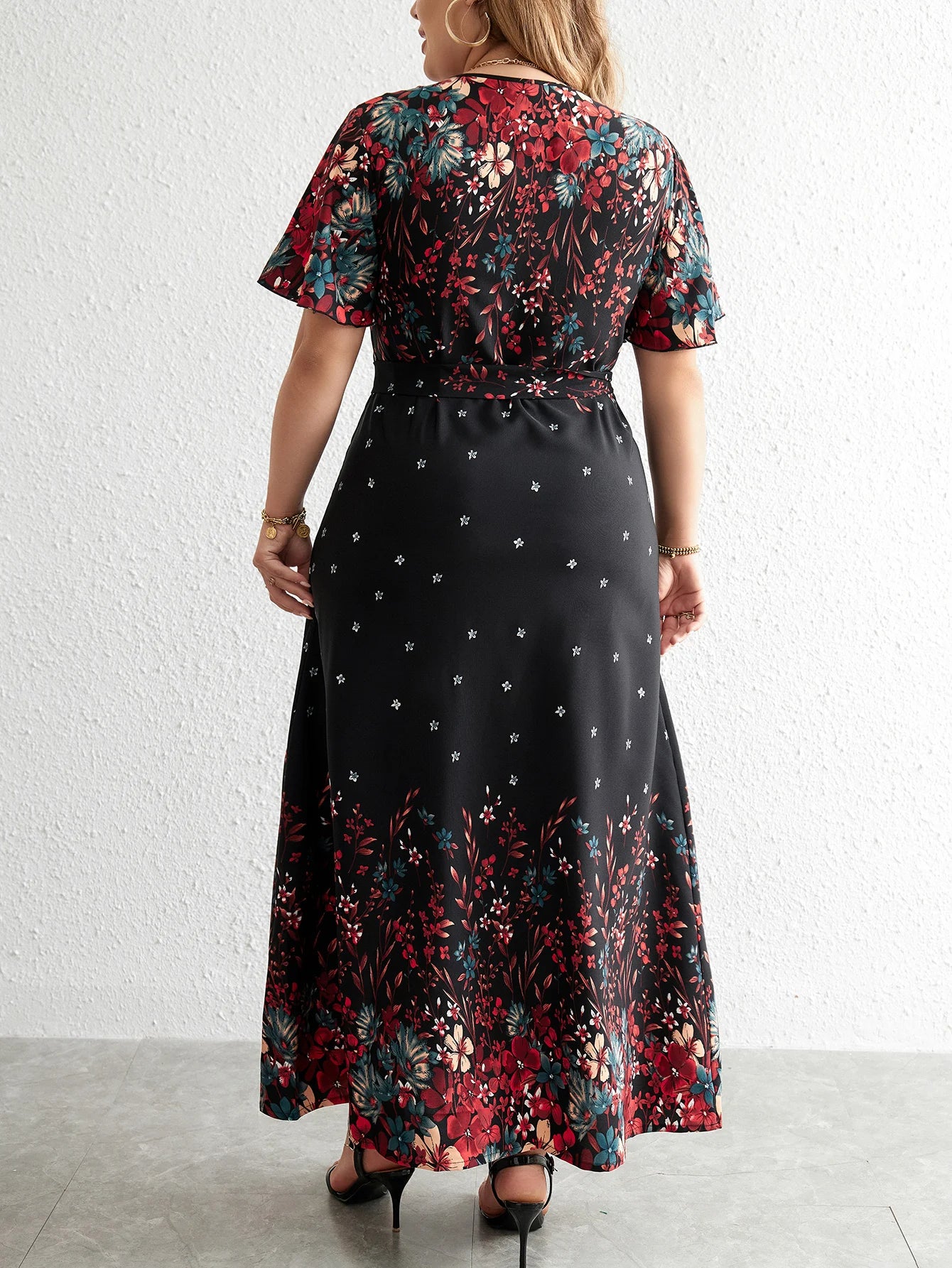 Plus Size Casual Dress Woman Summer V Neck Short Sleeve Floral Print Long Dress Black
