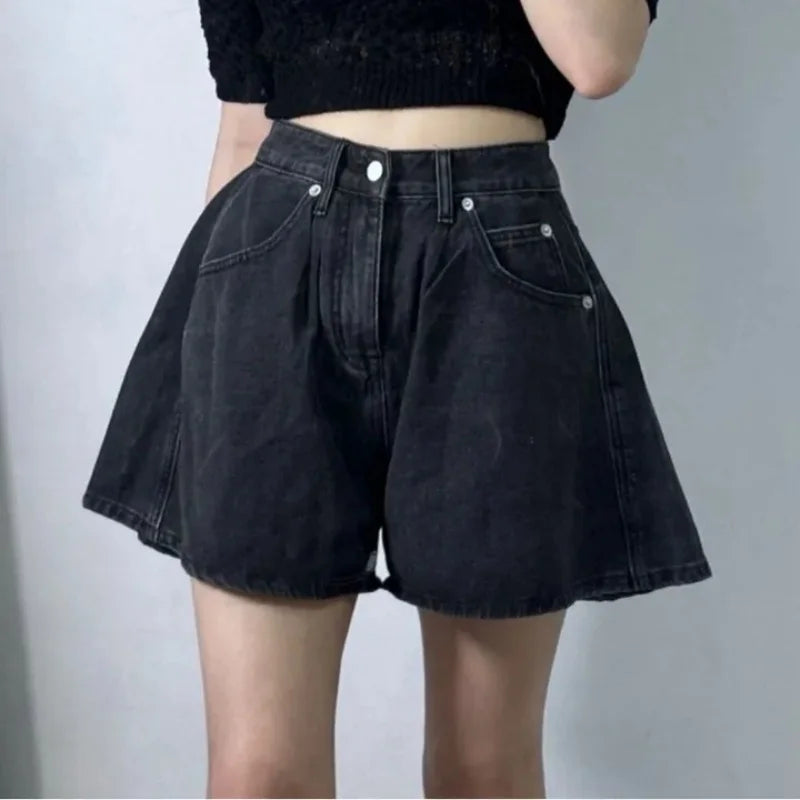 REALEFT Summer Washed High Waist Women's A-line Denim Shorts Pocket White 2025 New Casual Loose Wide Leg Jeans Shorts Female