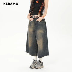 Vintage Streetwear Women Jeans 2024 Summer Loose Male Wide Leg Knee Length Shorts