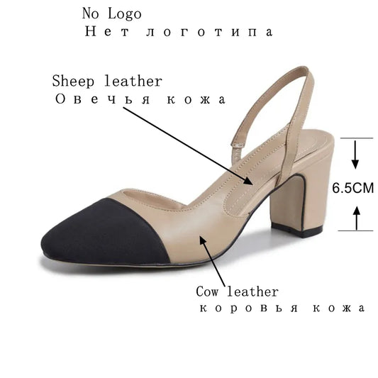 Big Size 45 Women Slingbacks Shoes High Heels Natural Genuine Leather Thick
