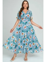 Plus Size Dress Summer Floral Print Chiffon Long Dress Women Blue Short Sleeve