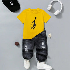 Boys Basketball Graphic Knit Pants Set, Street-Casual Style. Urban Outfit for Ages4-7, Spring-Summer