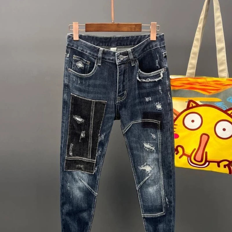 Trousers with Holes Men's Jeans Ripped Torn Man Cowboy Pants Elastic Spliced