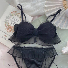 Japanese Bras Lolita Girls Folds Bow Lovely Underwear Set Mesh Sweet Rimless
