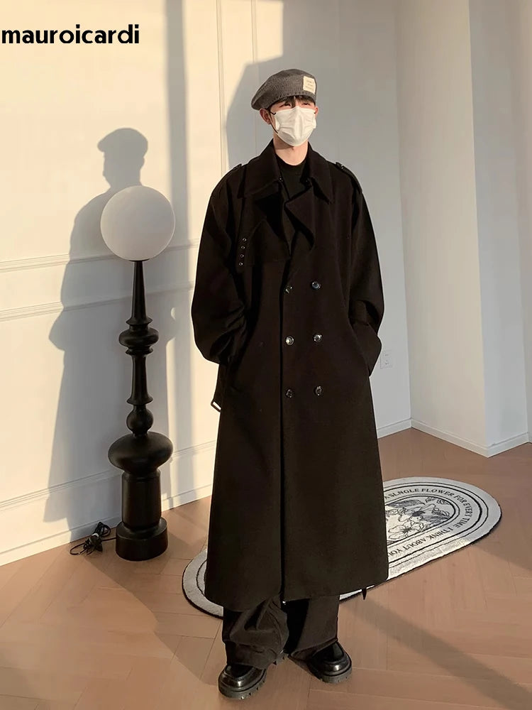 Autumn Winter Long Oversized Windproof Black Warm Woolen Coat Men
