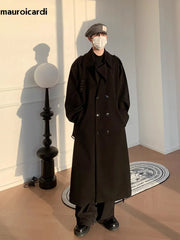 Autumn Winter Long Oversized Windproof Black Warm Woolen Coat Men