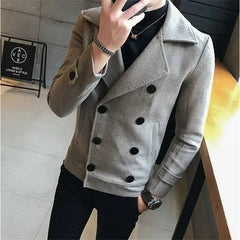 Fashion Men Double-Breasted Windbreaker Solid Color Slim Short Woolen Coat