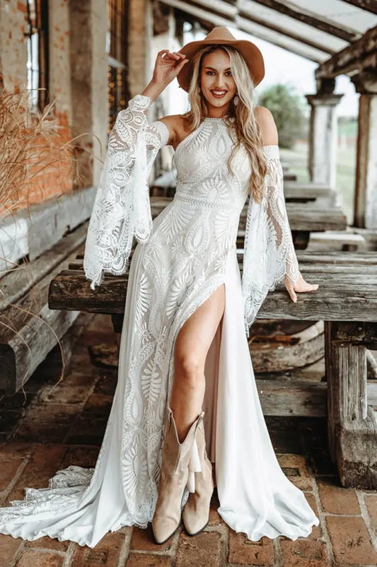 White Bridesmaid Dresses: Wedding Dress With Slit Backless Chic Civil Bohemian