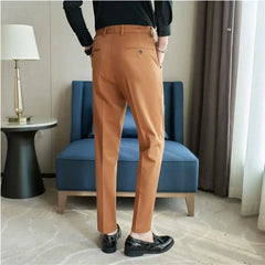 Autumn Mens Fashion Embroidered Trousers Korean Business Dress Solid Suit Pant