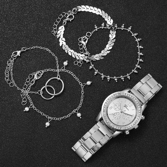5PCS/Set Fashion Rhinestone Women's Watch Alloy Band Analog Quartz Watches Bracelets Set Reloj Mujer Girls Clock