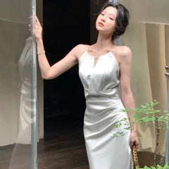 Evening Dresses: Stain Midi Dress Women Evening Party Dress Elegant Sleeveless