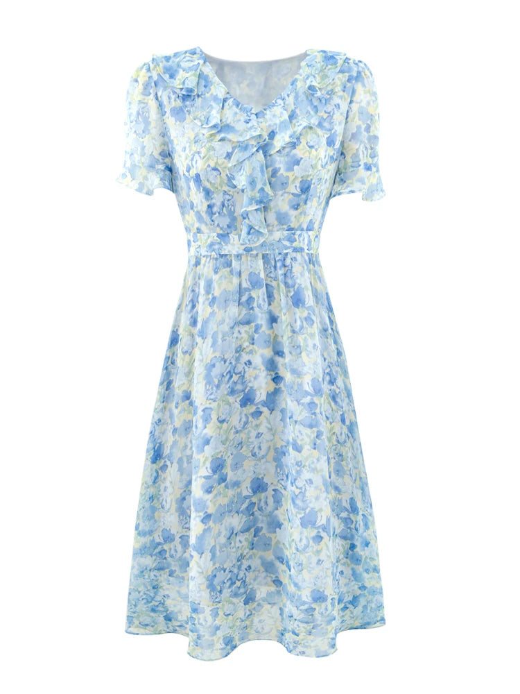EVNISI Women Chic Blue Printing Chiffon Dress V-neck Short Sleeve Elegant Office