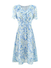 EVNISI Women Chic Blue Printing Chiffon Dress V-neck Short Sleeve Elegant Office