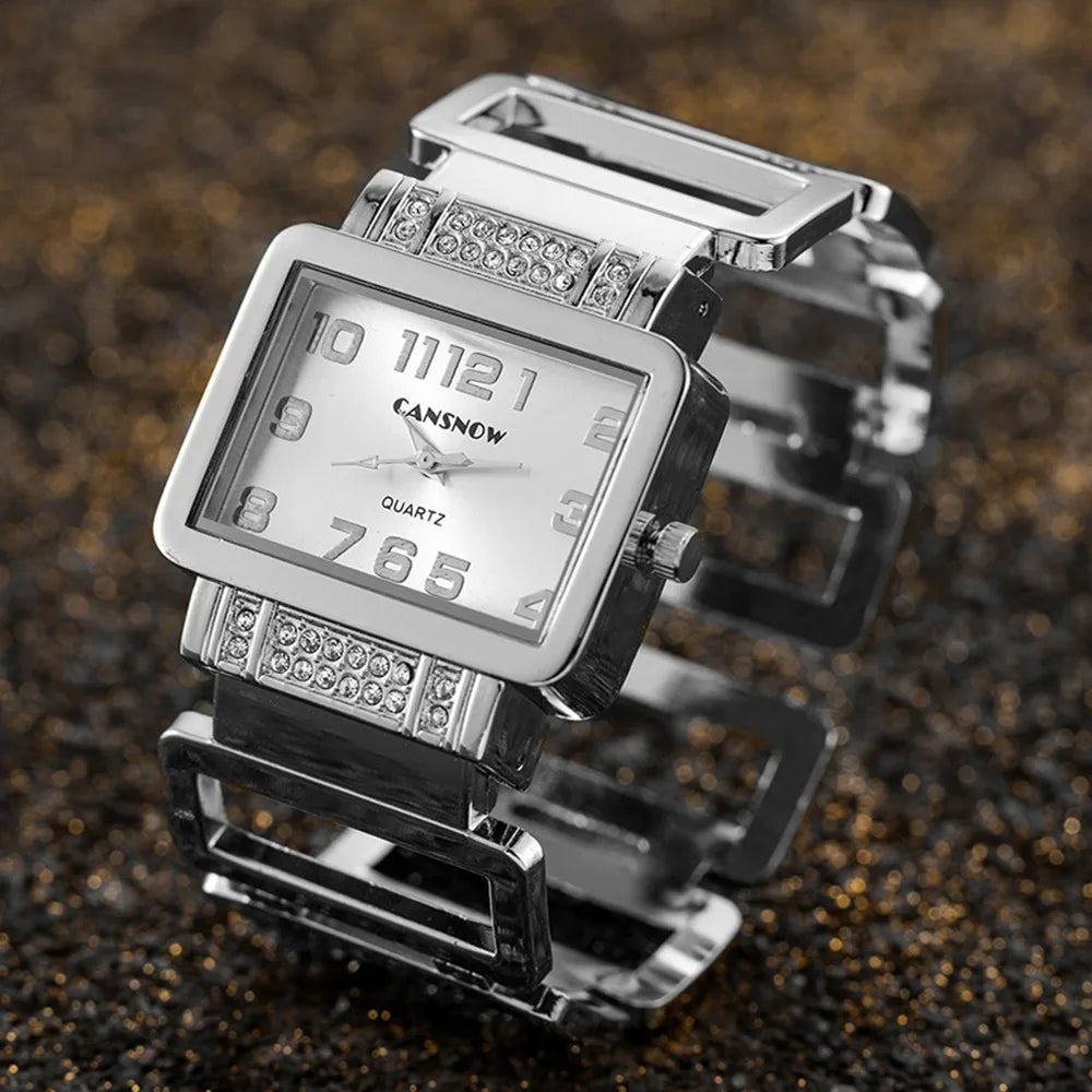 Cansnow Rectangle Ladies Wristwatch Gold Silver Bangle Watches for Women Rhinestone Hollow Steel Quartz Female FashionClock
