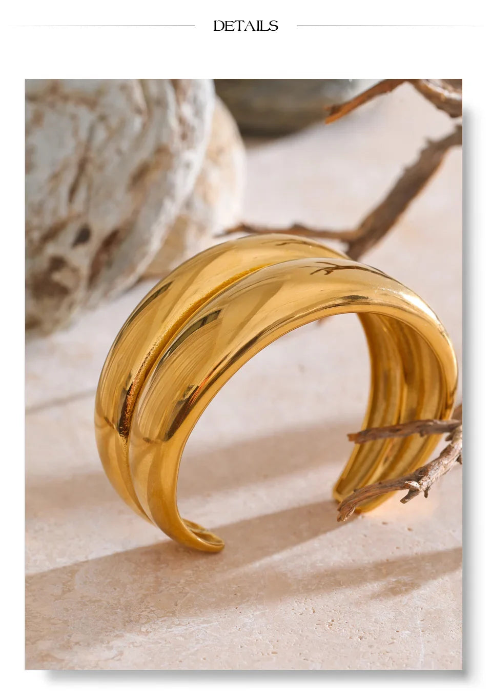 Yhpup 18K Golden PVD Plated Stainless Steel Double Layer Cuff Statement Bracelet Bangle Smooth Metal Texture Attractive Jewelry